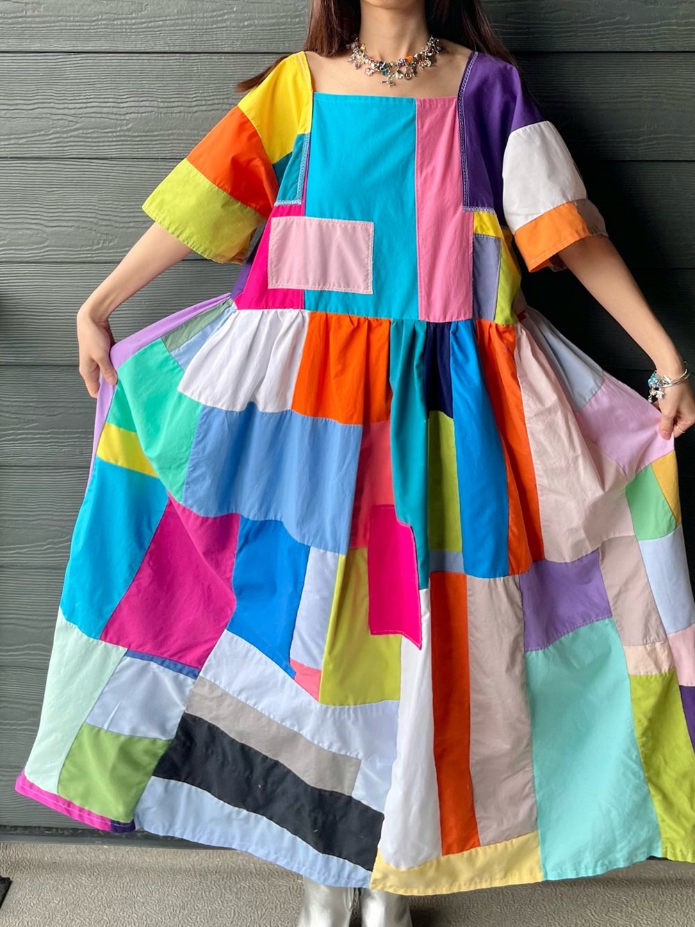 Handmade Quilted Patchwork Colorblock Dress SKU 08121